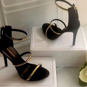 Brand New Bebe -Black-Open Toe - High Heel-Gold Ankle Strap